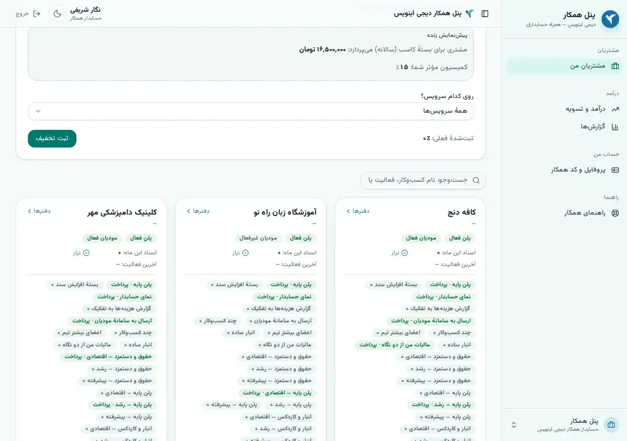 صفحهٔ «مشتریان من» در پنل همکار: کارت هر کسب‌وکار با وضعیت پلن، وضعیت مودیان، شمار اسناد ماه و ماژول‌های فعال.