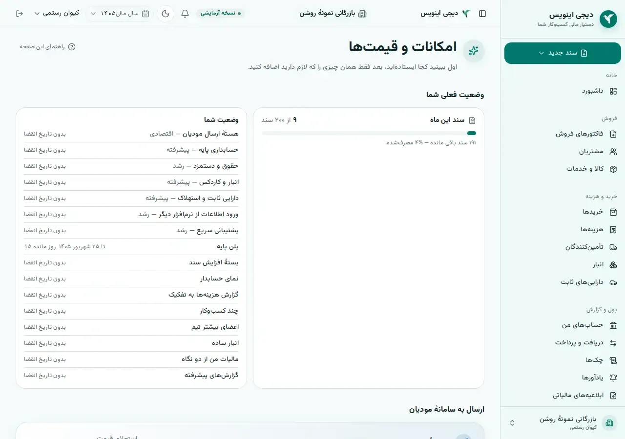 صفحهٔ «امکانات و قیمت‌ها» داخل برنامه: «وضعیت شما» با فهرست ماژول‌های فعال و شمارندهٔ اسناد این ماه.