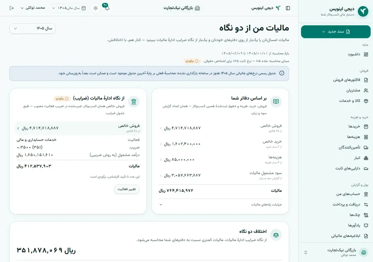 صفحهٔ «مالیات من از دو نگاه» در دیجی اینویس: برآورد مالیات بر اساس دفترهای کسب‌وکار، با فروش خالص، خرید خالص، هزینه‌ها و سود مشمول مالیات، و نشان «برآوردی» بالای آن.
