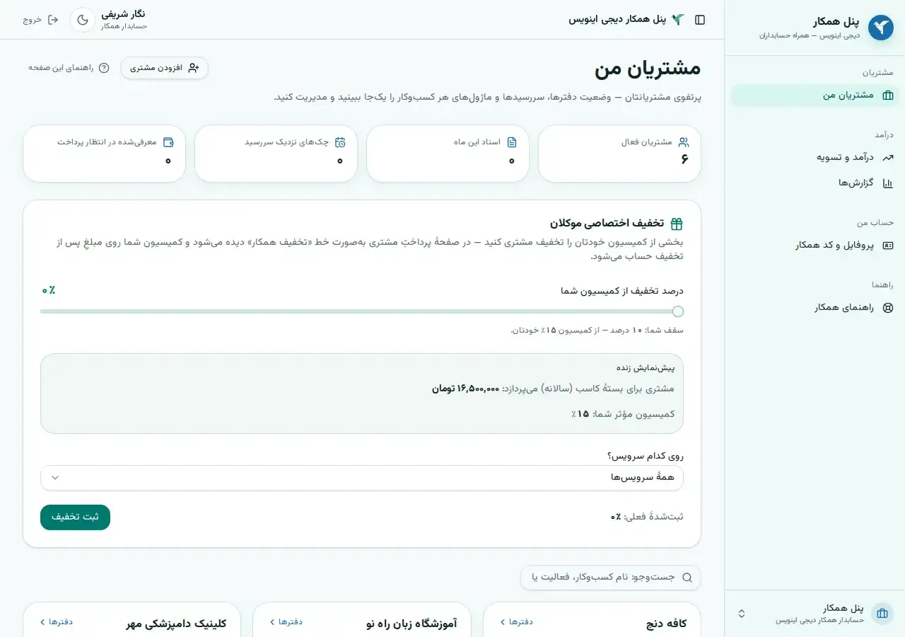 کارت «تخفیف اختصاصی موکلان» در پنل همکار: لغزندهٔ درصد تخفیف از کمیسیون، سقف مجاز، و پیش‌نمایش زندهٔ مبلغی که مشتری می‌پردازد.