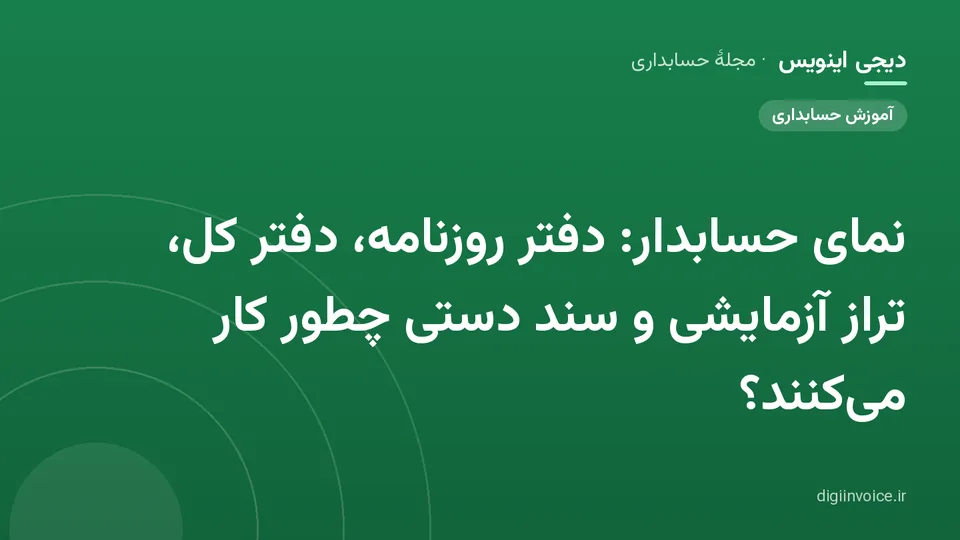 کاور مقالهٔ «نمای حسابدار: دفتر روزنامه، دفتر کل، تراز آزمایشی و سند دستی چطور کار می‌کنند؟» — مجلهٔ حسابداری دیجی اینویس
