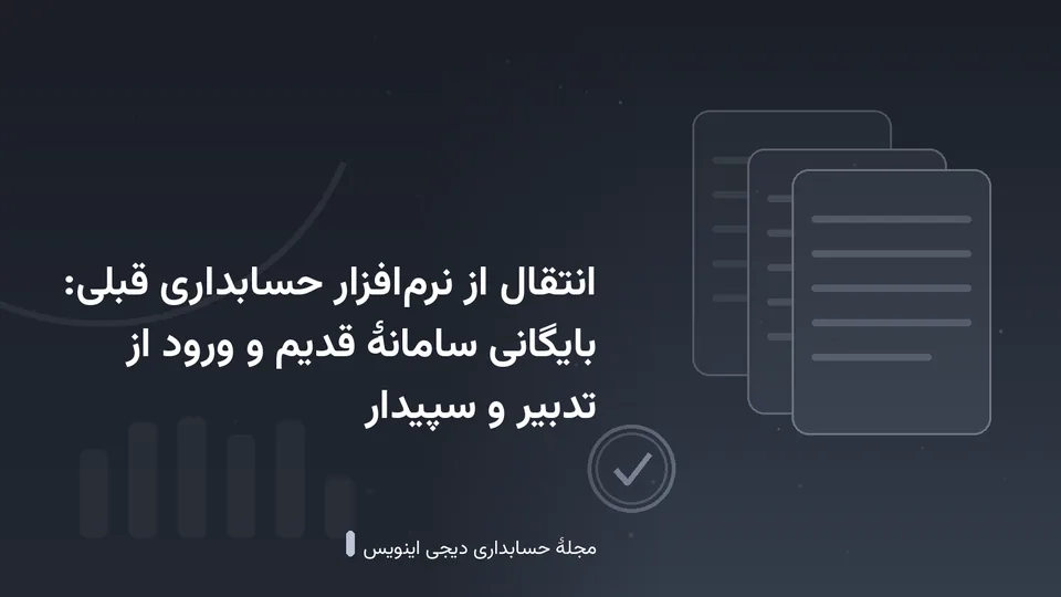 طرحی گرافیکی با نقشمایهٔ اسناد و نمودار در زمینهٔ خاکستری تیره — کاور نوشتهٔ «انتقال از نرمافزار حسابداری قبلی: بایگانی سامانهٔ قدیم و ورود از تدبیر و سپیدار»