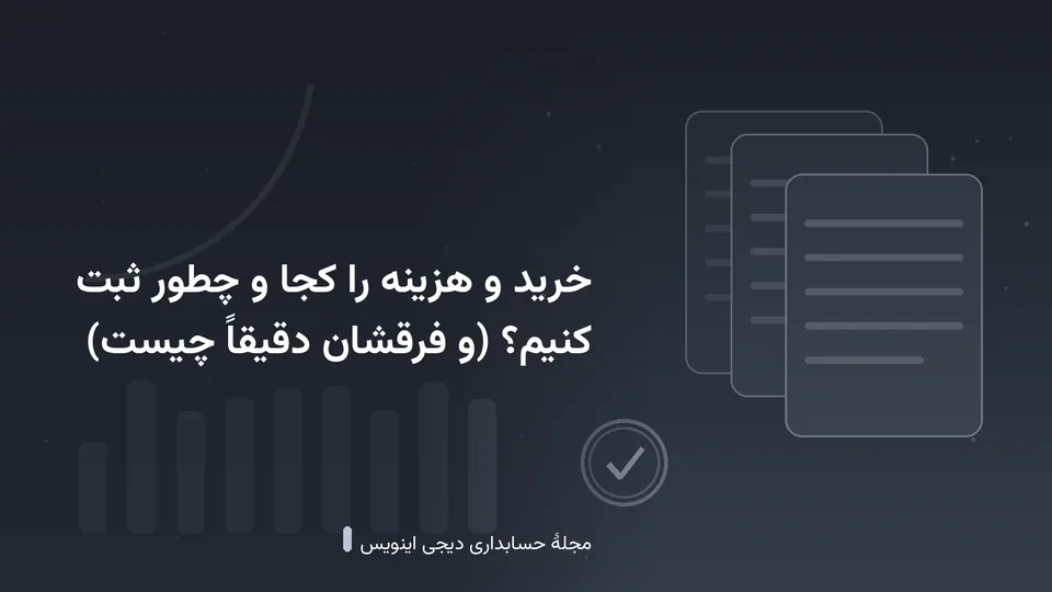 طرحی گرافیکی با نقشمایهٔ اسناد و نمودار در زمینهٔ خاکستری تیره — کاور نوشتهٔ «خرید و هزینه را کجا و چطور ثبت کنیم؟ (و فرقشان دقیقاً چیست)»