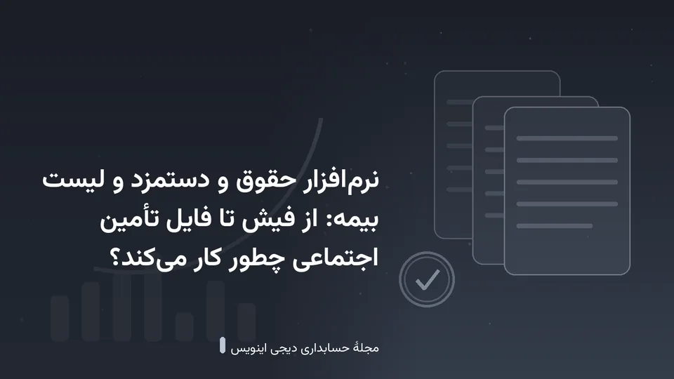 طرحی گرافیکی با نقش‌مایهٔ اسناد و نمودار در زمینهٔ خاکستری تیره — کاور نوشتهٔ «نرم‌افزار حقوق و دستمزد و لیست بیمه: از فیش تا فایل تأمین اجتماعی چطور کار می‌کن»