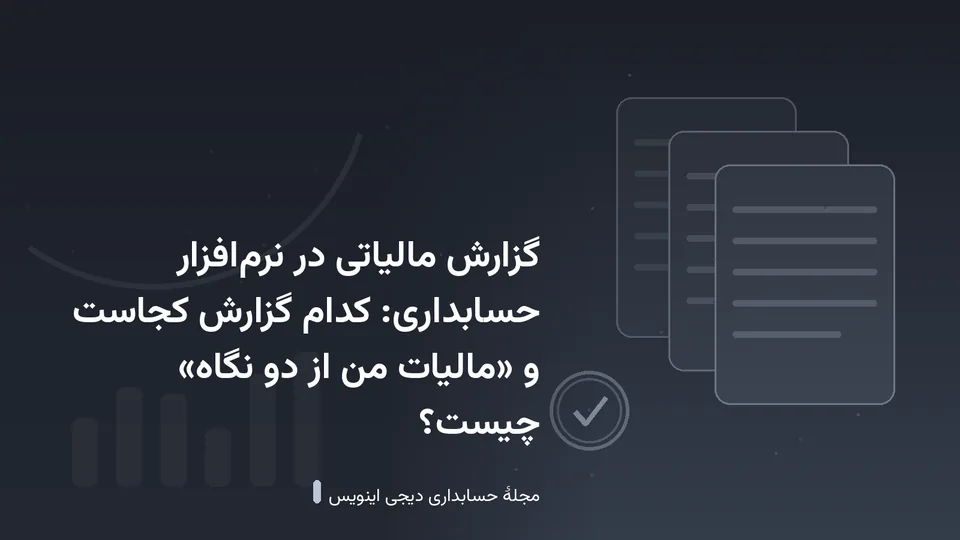 طرحی گرافیکی با نقش‌مایهٔ اسناد و نمودار در زمینهٔ خاکستری تیره — کاور نوشتهٔ «گزارش مالیاتی در نرم‌افزار حسابداری: کدام گزارش کجاست و «مالیات من از دو نگاه» چ»