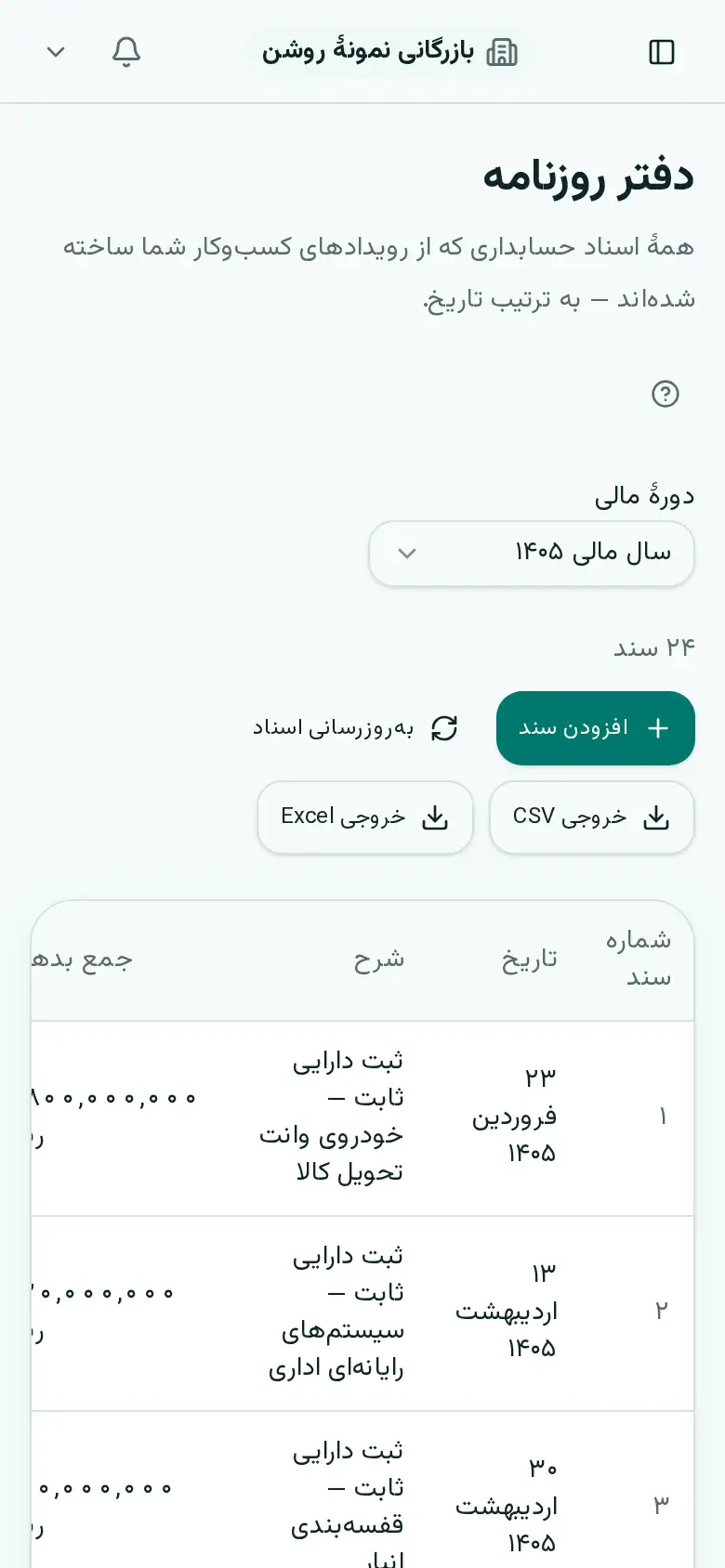 دفتر روزنامه با سندهای خودکار