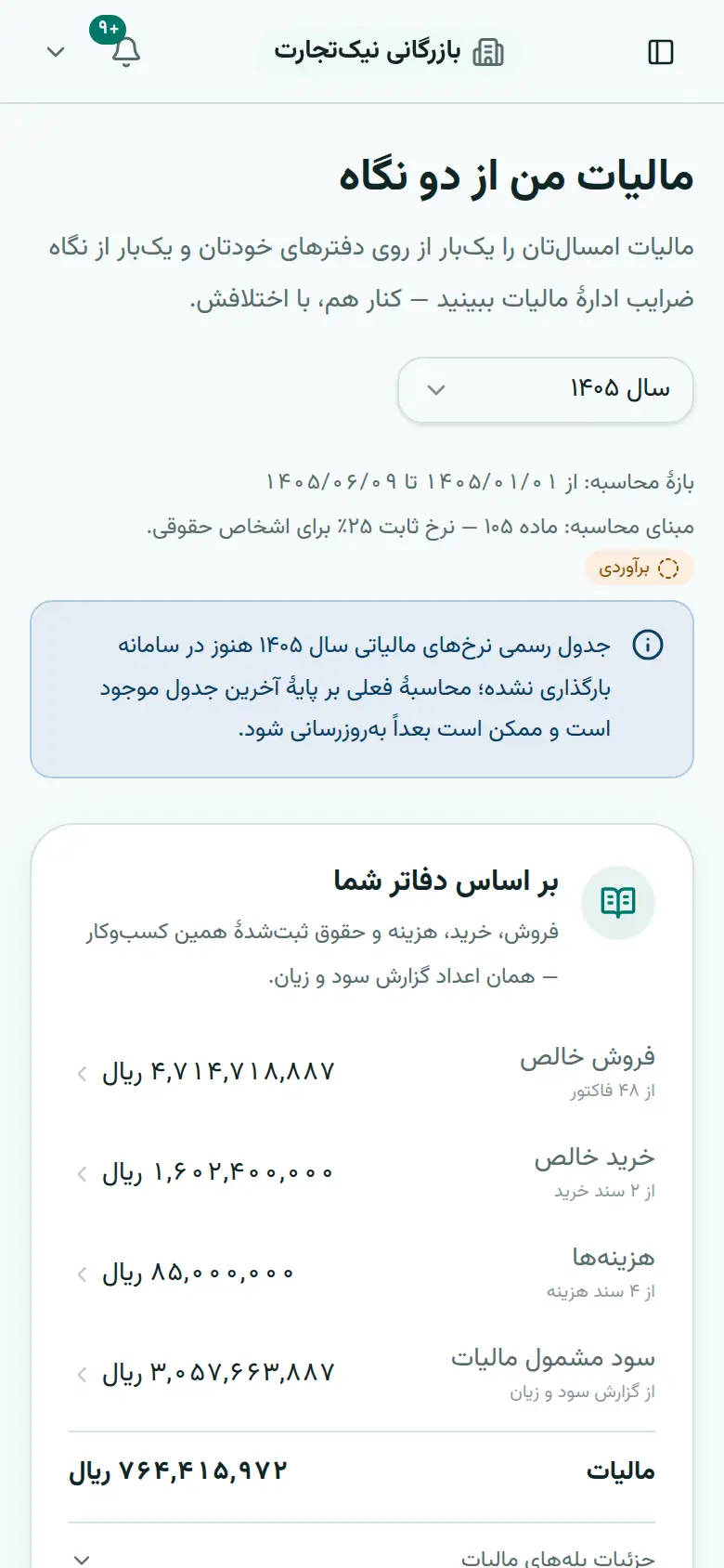 مالیات من از دو نگاه — عدد دفترهای خودتان کنار عدد ضرایب ادارهٔ مالیات — با اختلافش.